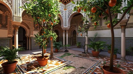 Inside a grandiose Moorish palace, adorned with ornate tilework, graceful arches, and lush inner courtyards filled with fragrant orange trees. - obrazy, fototapety, plakaty