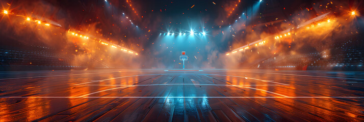 Arena Basketball Stadium Background Spotlight,
Futuristic symmetry and reflection abstract background with orange and blue neon lights
 - obrazy, fototapety, plakaty