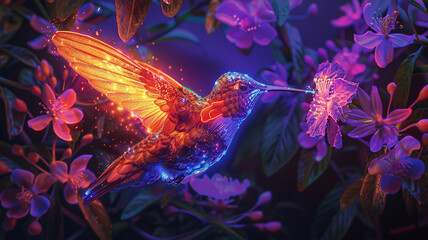 A glowing hummingbird painting a neon mural, blending art with natures agility, in a vivid, surreal garden