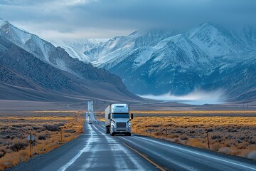 Large white transport truck transporting commercial cargo in semi trailer running on turning way highway road with scenic mountains mountainous scenery in background.