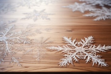 A wooden table covered in snowflake designs