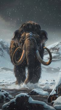 A woolly mammoth navigating an icy landscape