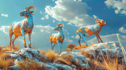 Colorful rams standing on a rocky desert hill. Three colorful rams with painted patterns stand atop a desert hill under a dynamic sky - obrazy, fototapety, plakaty