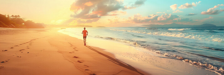 Man jogging along serene beach, embracing fitness and scenic beauty. - obrazy, fototapety, plakaty