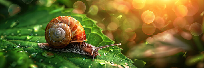 Macro view of a tiny snail on a leaf, highlighting the small wonders of nature and perseverance - obrazy, fototapety, plakaty