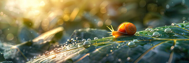 Macro view of a tiny snail on a leaf, highlighting the small wonders of nature and perseverance