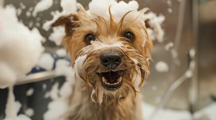 dog grooming, Terrier dog covered in suds during bath time - obrazy, fototapety, plakaty