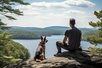 A man and his dog are sitting on a rock overlooking a lake - Powered by Adobe