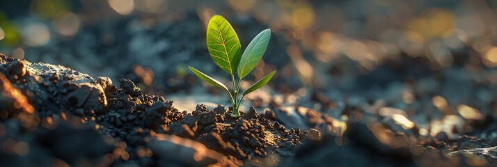 Macro view of a seedling breaking through the soil, representing hope, growth, and new beginnings - obrazy, fototapety, plakaty