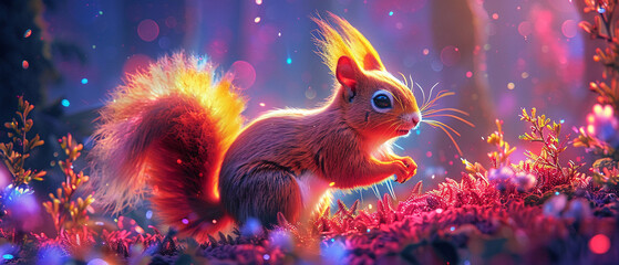 A glowing squirrel doing parkour in a neon forest, blending agility with woodland life, in a vibrant, energetic setting