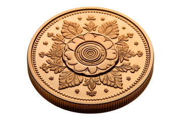 Fototapeta premium Glimmering Blossom - A Golden Coin Adorned With a Delicate Floral Design. On a White or Clear Surface PNG Transparent Background.