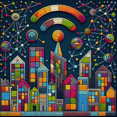 Felt art patchwork, Wi-Fi smart city or network, Building automation with computer board illustration