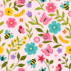 Seamless pattern with cute caterpillars, butterflies and bees and flowers. Vector graphics.