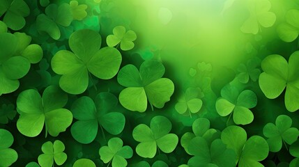 A green background with four green clovers. The clovers are all different sizes and are scattered throughout the image - obrazy, fototapety, plakaty