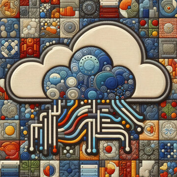 Felt art patchwork, seamless data migration to the cloud with an image showing data being transferred from on-premises servers to cloud storage