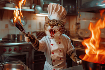 A cat dressed as a chef is standing in front of an open fire