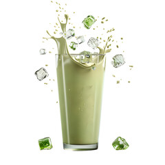 An ice cold glass of green iced Mocha with ice flying out of the glass, isolated on transparent background