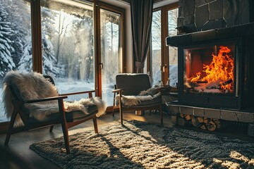 A cozy living room with a fireplace and two chairs. The chairs are covered in fur and the room is filled with natural light - obrazy, fototapety, plakaty