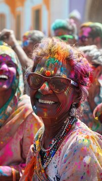 An elderly woman with a joyous expression, covered in vibrant colors, celebrates the Holi festival in India.
