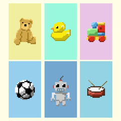 set of pixel art toy 8 bit 16 bit game retro stuffed bear, rubber duck, puzzle block, soccer ball, robot, drum
