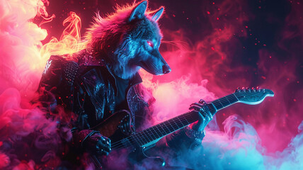 An illuminated wolf playing electric guitar in a neon rock concert, blending music with wild energy, in a vibrant, thrilling setting - obrazy, fototapety, plakaty