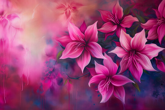 A painting of pink flowers with a blue background. The flowers are arranged in a way that they seem to be in a vase. The painting has a soft and calming mood, with the pink flowers