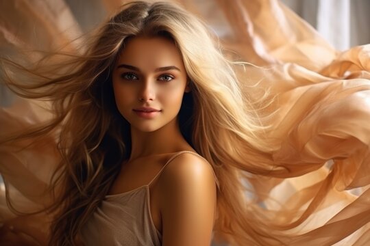 chic simplicity as a model girl poses against a beige minimalist background, exuding sophistication and style.