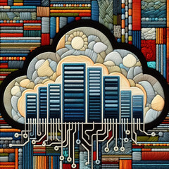 Felt art patchwork, cloud computing infrastructure, data centers, servers, and networking equipment