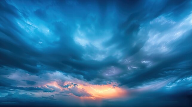 Blurred blue sky with clouds The sky has dramatic storms and dark clouds. Lightning flashes above the night sky.