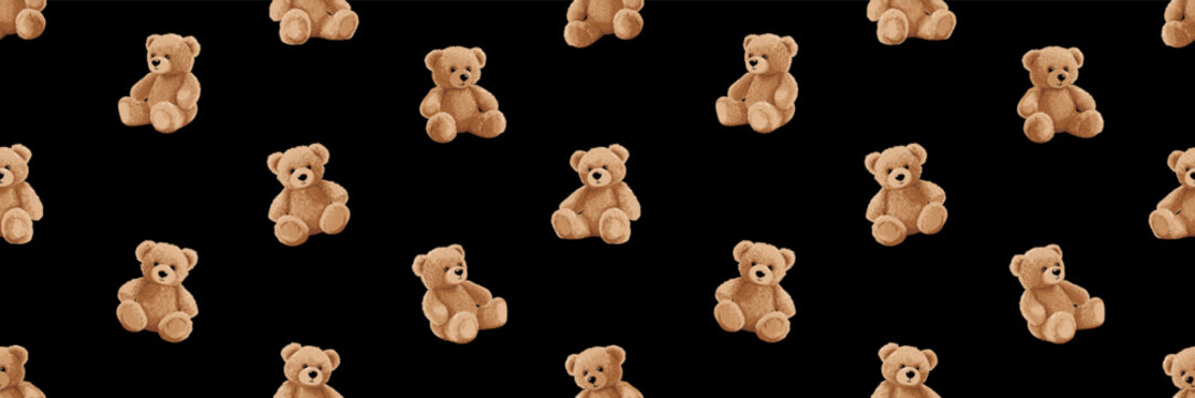 Cute cartoon bear doll background for babies and children. Fluffy soft stuffed toys seamless pattern. Little teddy bears vector illustrations in trendy style. Beige and brown colors.
