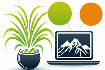 Fototapeta premium Laptop and pot flower illustration on white background for presentation