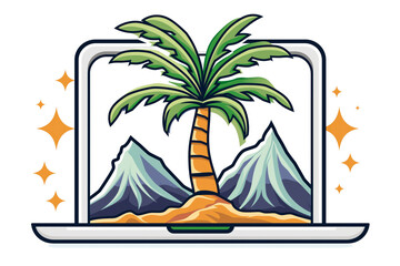 Palm and mountains on laptop screen. Travel agency. Online booking. Summer, vacation, tourism