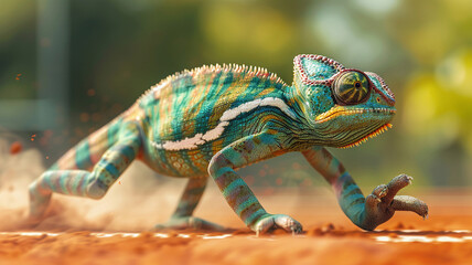 Naklejka premium A chameleon in a track uniform, blending in as it races to the finish line, a mix of speed and stealth