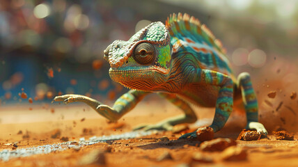 A chameleon in a track uniform, blending in as it races to the finish line, a mix of speed and stealth