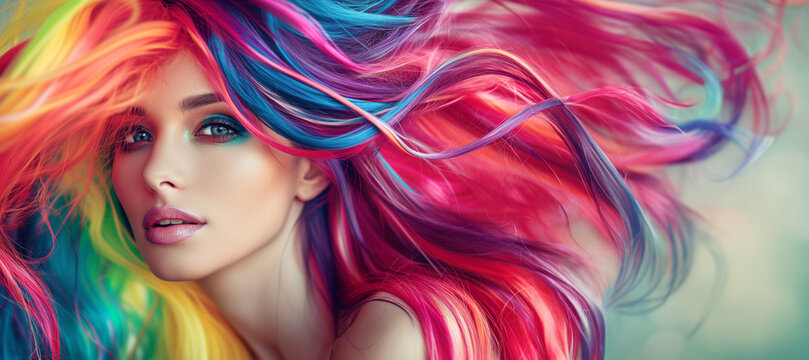 A woman with rainbow colored hair is the main focus of the image. The hair is styled in a way that it is in motion, giving the impression of a lively and energetic personality