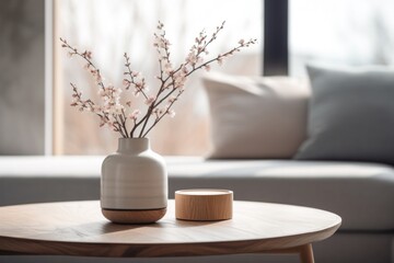 ceramic vase with blossom twigs on round wooden coffee table against grey sofa