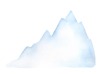 Winter snow mountain, watercolor illustration isolated on a white background, hand-drawn. The natural landscape of the peak of the mountains. An icy mountain peak. Cold mountain, iceberg. - obrazy, fototapety, plakaty