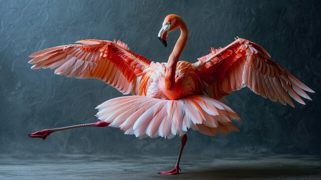 A flamingo in ballet attire, gracefully performing a pirouette, showcasing elegance and balance