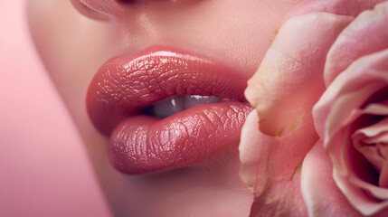 Close-up of women's pink lips. Make up