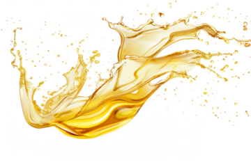Golden splashes of oil with dynamic movement, isolated on a white background.