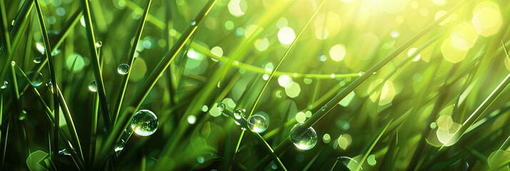 Dewdrops on blades of grass, representing renewal and the start of a new day. - obrazy, fototapety, plakaty