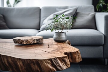 Close up of natural wood rustic live edge coffee table near grey sofa. Minimalist home interior design