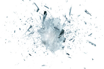 explosion that resembles shattered glass, with fragments radiating outward in a dynamic and abstract pattern.