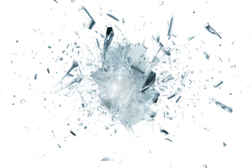 explosion that resembles shattered glass, with fragments radiating outward in a dynamic and abstract pattern.
