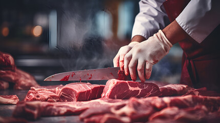 A man cook cuts meat with a knife in a restaurant. - obrazy, fototapety, plakaty