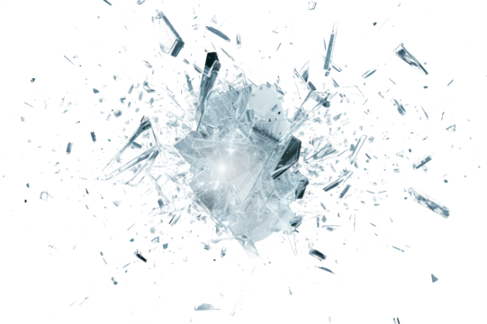 explosion that resembles shattered glass, with fragments radiating outward in a dynamic and abstract pattern.