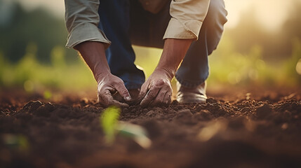 Male hands touching soil on the field expert hand of farmer checking soil health ecology concept - obrazy, fototapety, plakaty