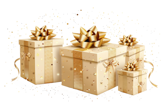 beige birthday gift boxes with shimmering gold accents, isolated on white.