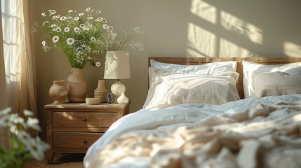 interior of a bedroom, Close up of bedside cabinet near bed with beige bedding. French country...