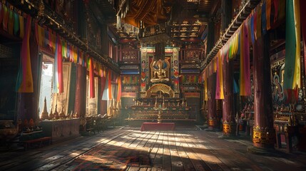 Inside a traditional Tibetan monastery, with prayer flags fluttering in the mountain breeze, and saffron-robed monks chanting in the dimly lit prayer hall. - obrazy, fototapety, plakaty